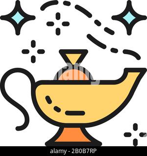 Oriental magic lamp, Aladdin vessel flat color line icon. Stock Vector