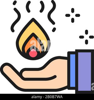 Trick with fire in hand, magic flat color line icon. Stock Vector