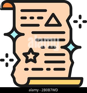 Magic spell scroll, unrolled paper certificate flat color line icon. Stock Vector