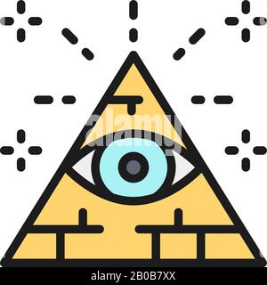 All seeing eye, triangle, pyramid flat color line icon. Stock Vector