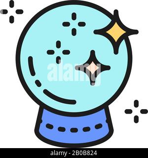 Magic glass ball for predictions, crystal sphere flat color line icon. Stock Vector