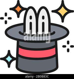 Rabbit in magic cylinder hat, circus flat color line icon. Stock Vector
