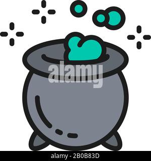 Magic potion pot for witches, halloween cauldron flat color line icon. Stock Vector