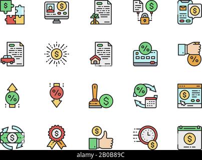 Set of Quick Loan Flat Color Line Icons. Investment, Credit Approved and more. Stock Vector