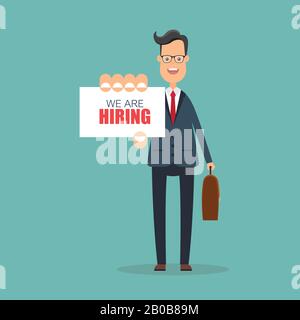 Businessman in blue suit hold we are hiring card on his hand. Vector illustration in flat design. Stock Vector