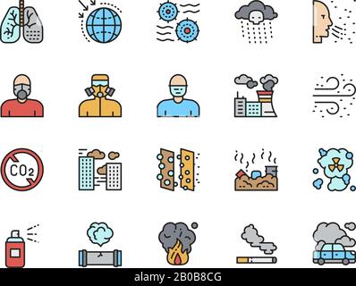 Set of Pollution Flat Color Line Icons. Air Dust, Protective Mask, Smog and more Stock Vector
