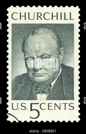 UNITED STATES OF AMERICA - CIRCA 1965: A used postage stamp printed in United States shows a portrait of the British Prime Minister Sir Winston Church Stock Photo