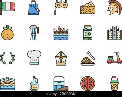Set of Italian Culture Flat Color Line Icons. Mandarin, Gondola, Pasta and more. Stock Vector