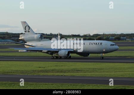 N974VV, a McDonnell Douglas DC-10-40I operated by Omega Air Refueling Services, at Prestwick International Airport in Ayrshire. Stock Photo