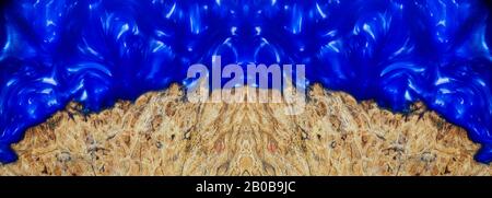 Top view casting blue epoxy resin burl wood  background, Nature maple wooden Stock Photo