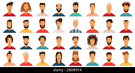 Young Man Avatar flat style vector icon set. Male Faces icon design collection with different styles of hairstyle, beard, mustache. Portrait avatars Stock Vector