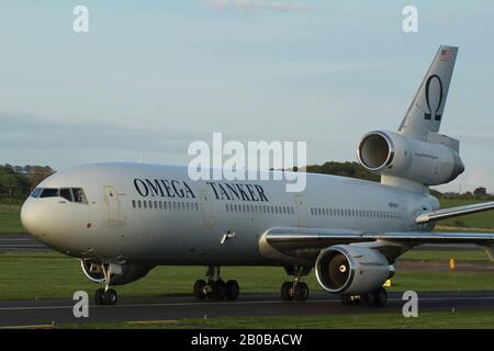 N974VV, a McDonnell Douglas DC-10-40I operated by Omega Air Refueling Services, at Prestwick International Airport in Ayrshire. Stock Photo
