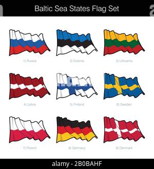 Baltic Sea States Waving Flag Set. The set includes the flags of Russia, Estonia, Lithuania, Latvia, Finland, Sweden, Poland, Germany and Denmark. Vec Stock Vector