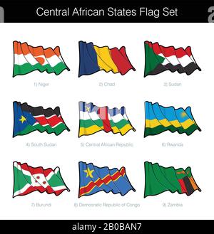 Central African States Waving Flag Set. The set includes the flags of Niger, Chad, Sudan, South Sudan, CAR, Rwanda, Burundi, DR Congo and Zambia. Vect Stock Vector