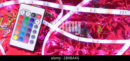 White LED flexible strip lights with remote control Stock Photo