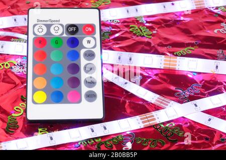 White LED flexible strip lights with remote control Stock Photo