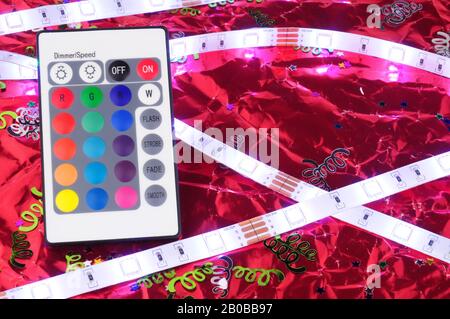 White LED flexible strip lights with remote control Stock Photo