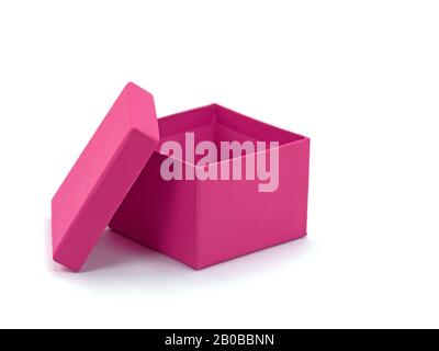 Pink empty cardboard box in front of white background Stock Photo