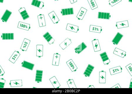 Seamless pattern with Green Battery Indicator Icons on white,funny texture background, vector illustration Stock Vector
