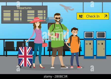 Happy caucasian Family of travelers with suitcase and backpacks at the airport,airport interior,cartoon vector illustration Stock Vector