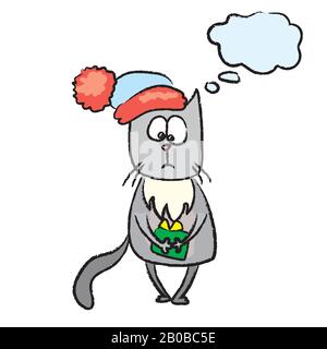 Sad cat in red hat,gift in hand,speech bubble template,isolated on white background,hand drawn vector illustration Stock Vector