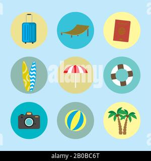 Cartoon summer and holiday icons,set of beach flat objects,vector illustration. Stock Vector