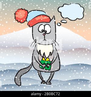 Sad cat in red hat,gift in hand,speech bubble template,winter background with snowflakes,hand drawn vector illustration Stock Vector