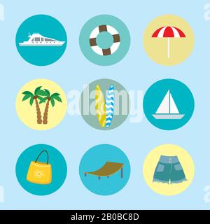 Cartoon summer and holiday icons,set of beach flat objects,vector illustration Stock Vector