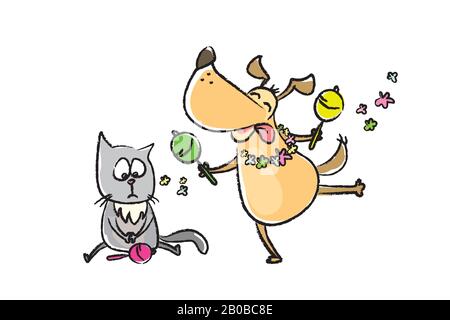 Sad cat and happy dog dances with maracas,isolated on white background,hand drawn vector illustration Stock Vector