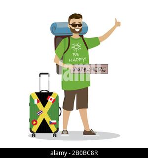 Caucasian man with suitcase and backpack  hitchhiking.Cartoon happpy male with sign anywhere catching a taxi car by waving hand.Isolated on white back Stock Vector