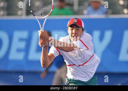 Delray Beach, Florida, USA. 19th Feb, 2020. FEBRUARY 19 - Delray Beach: Brandon Nakashima(USA)in action here, defeats Cameron Norrie(GBR) during the second round at the 2020 Delray Beach Open by Vitacost.com in Delray Beach, Florida.(Photo credit: Andrew Patron/Zuma Press Newswire) Credit: Andrew Patron/ZUMA Wire/Alamy Live News Stock Photo