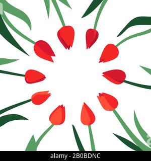 Vector card template with branches of red tulip flowers. Round floral frame with bright tulips and green leaves. Design for banner, promotion offer Stock Vector