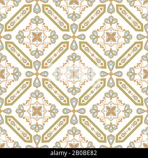 Decorative tile seamless pattern. Mediterranean ceramic tiles design with rhombuses shapes and swirls. Stock Vector