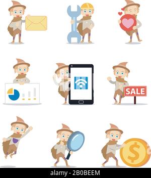 Set of character man in creepy scarecrow costume. Stock Vector