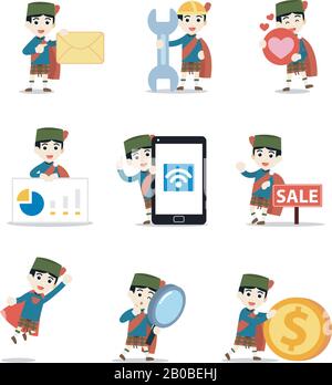 Set of character man Scottish lassie in Scotland traditional skirt. Stock Vector