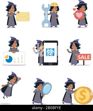 Set character of woman wizard with magical crystal ball. Stock Vector
