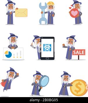 Set character of man wizard practicing his magical skills and abilities. Stock Vector