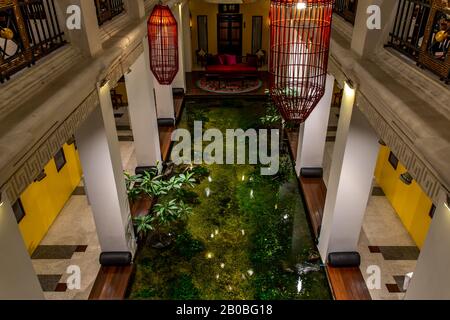 Bangkok, Thailand - Feb 16, 2020 : The interior chinese style of Shanghai mansion bangkok with beautiful traditional Chinese Bamboo Hanging Lanterns i Stock Photo