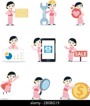 Set character of woman wearing Yukata costume in summer festival. Stock Vector