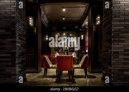 Bangkok, Thailand - Feb 16, 2020 : Interior of retro style restaurant with tables and chairs at shanghai mansion bangkok in yaowarat Rd. Stock Photo