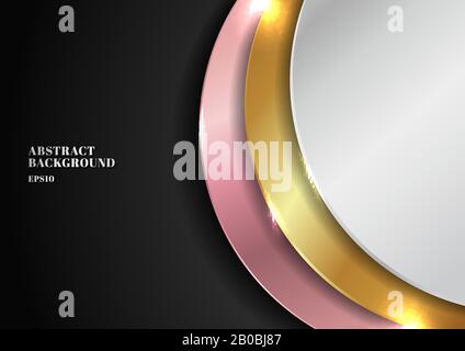 Abstract modern golden, silver, pink gold circle overlapping layered on black background with lighting effect. Luxury style. Vector illustration Stock Vector