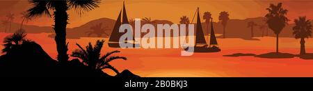 Sailing boats silhouette at the sea on beautiful sunset, vector illustration Stock Vector