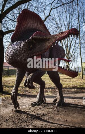 LUBIN, POLAND - FEBRUARY 8, 2020 - Realistic model of dinosaur spinosaurus in Park Wroclawski. Park is well known tourist attraction for children in t Stock Photo