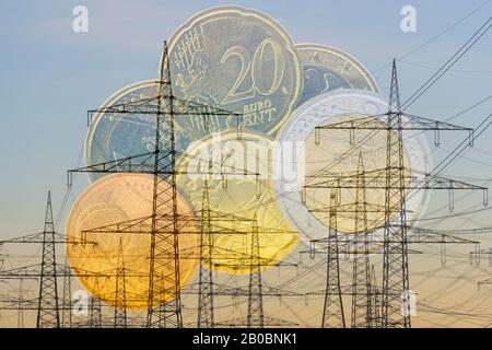 Digital Composing, overhead power lines, power pylons, high voltage pylons, euro coins, symbol image for electricity costs, Baden-Wuerttemberg Stock Photo