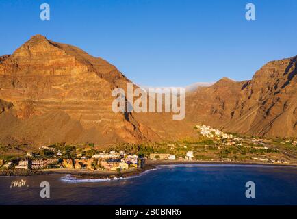 La Playa and La Calera, Mountain Riscos de La Merica, Valle Gran Rey, aerial view, La Gomera, Canary Islands, Spain Stock Photo