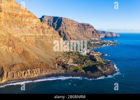 Sand beach Playa del Ingles, La Playa and Vueltas in Valle Gran Rey, drone recording, La Gomera, Canary Islands, Spain Stock Photo