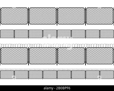Set of chain link fence with barbed wire, black seamless silhouettes on white Stock Vector