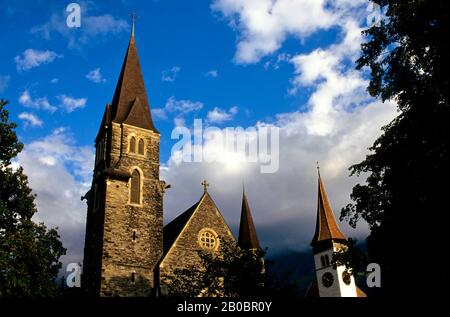 SWITZERLAND, INTERLAKEN, CATHOLIC AND PROTESTANT CHURCH Stock Photo