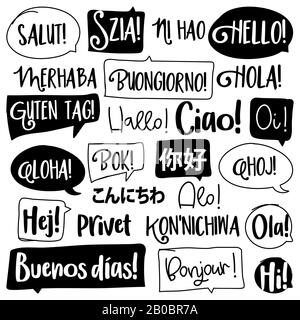 Hello word in different languages. French, spanish, japanese, chinese, hungarian. Bonjur, salut, hola, ni hao, konnichiwa, aloha, hi, hallo, ciao, pri Stock Vector