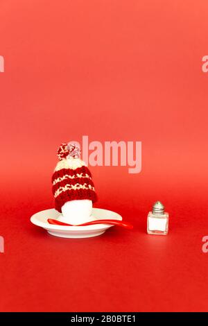 Fun breakfast concept with a boiled egg wearing a knitted woolen hat on red background Stock Photo